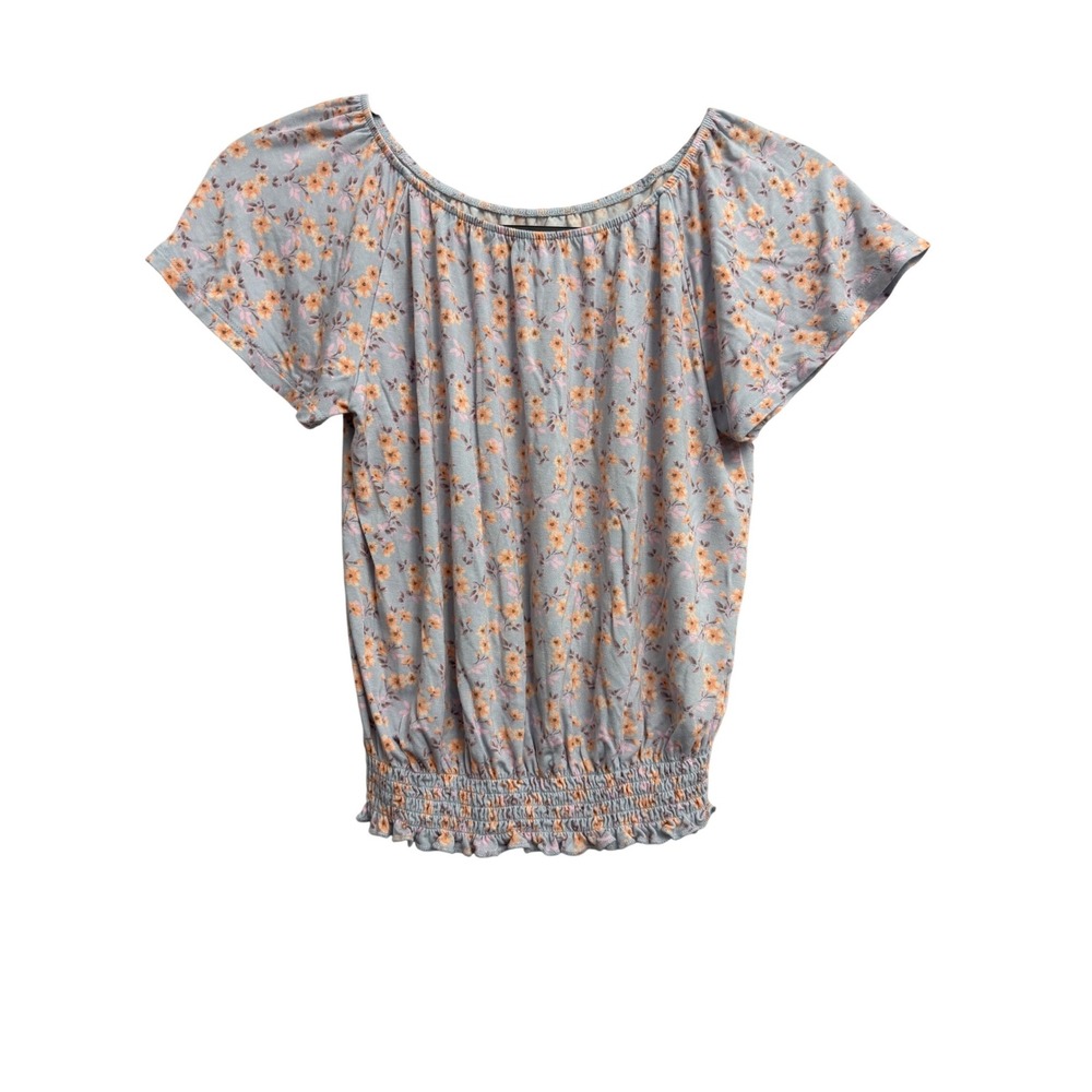 Bailey Lane‎ Medium Floral Smocked Hem Peasant Top Blue Peach KGK10273 RS